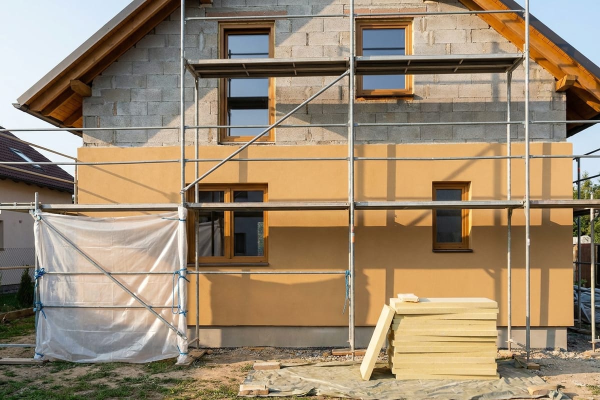 Frisch verputzte Hausfassade hinter einem aufgestellten Gerüst, davor abgedeckter Boden und gestapeltes Material