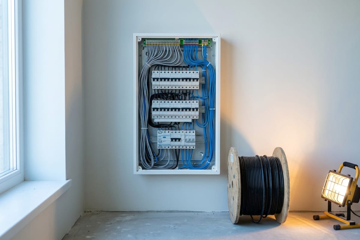 Geöffneter Verteilerschrank mit sauber gekämmten Adern, beschrifteten Reihenklemmen und einer Reihe Sicherungsautomaten